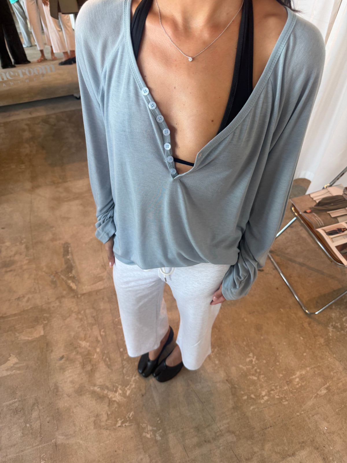 Loose Buttoned V-Neck Top Sky Blue