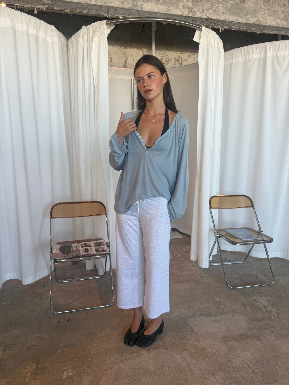 Loose Buttoned V-Neck Top Sky Blue