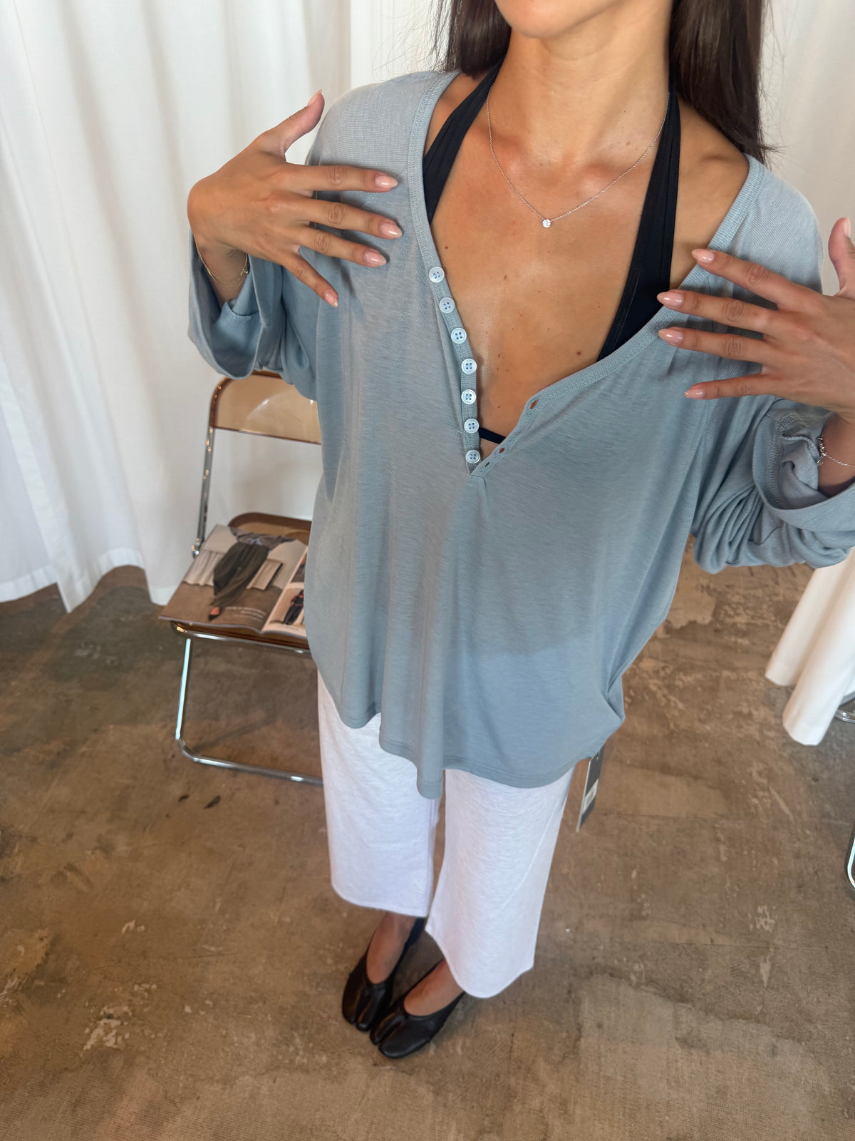 Loose Buttoned V-Neck Top Sky Blue