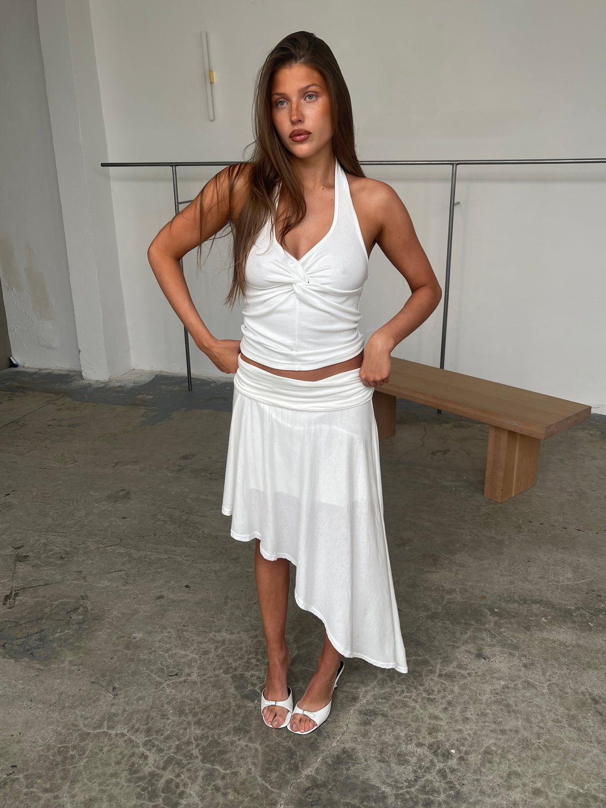 Ruched Detail Asymmetric Skirt White