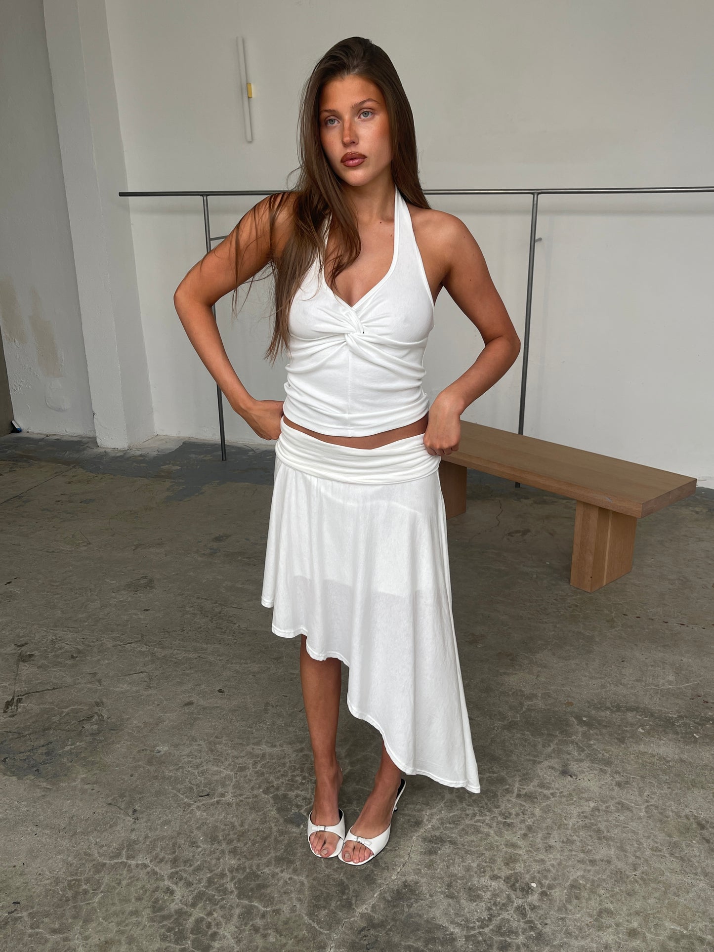 Ruched Detail Asymmetric Skirt White