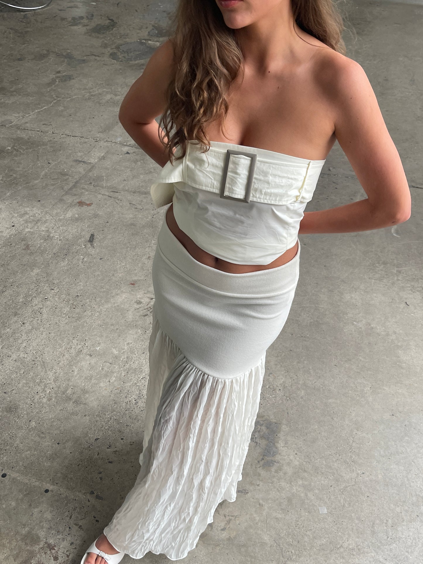 Long Crinkled Skirt Ivory