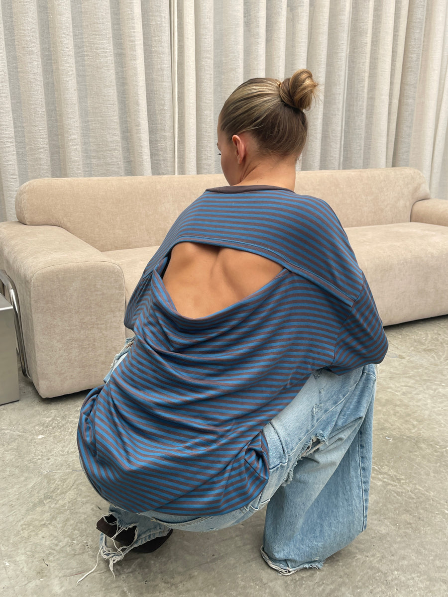 Oversized Striped Open Back Longsleeve Tee Blue