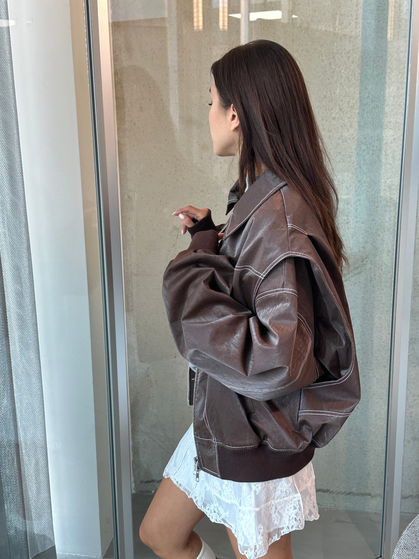 Oversized Contrast Stitch Jacket Brown