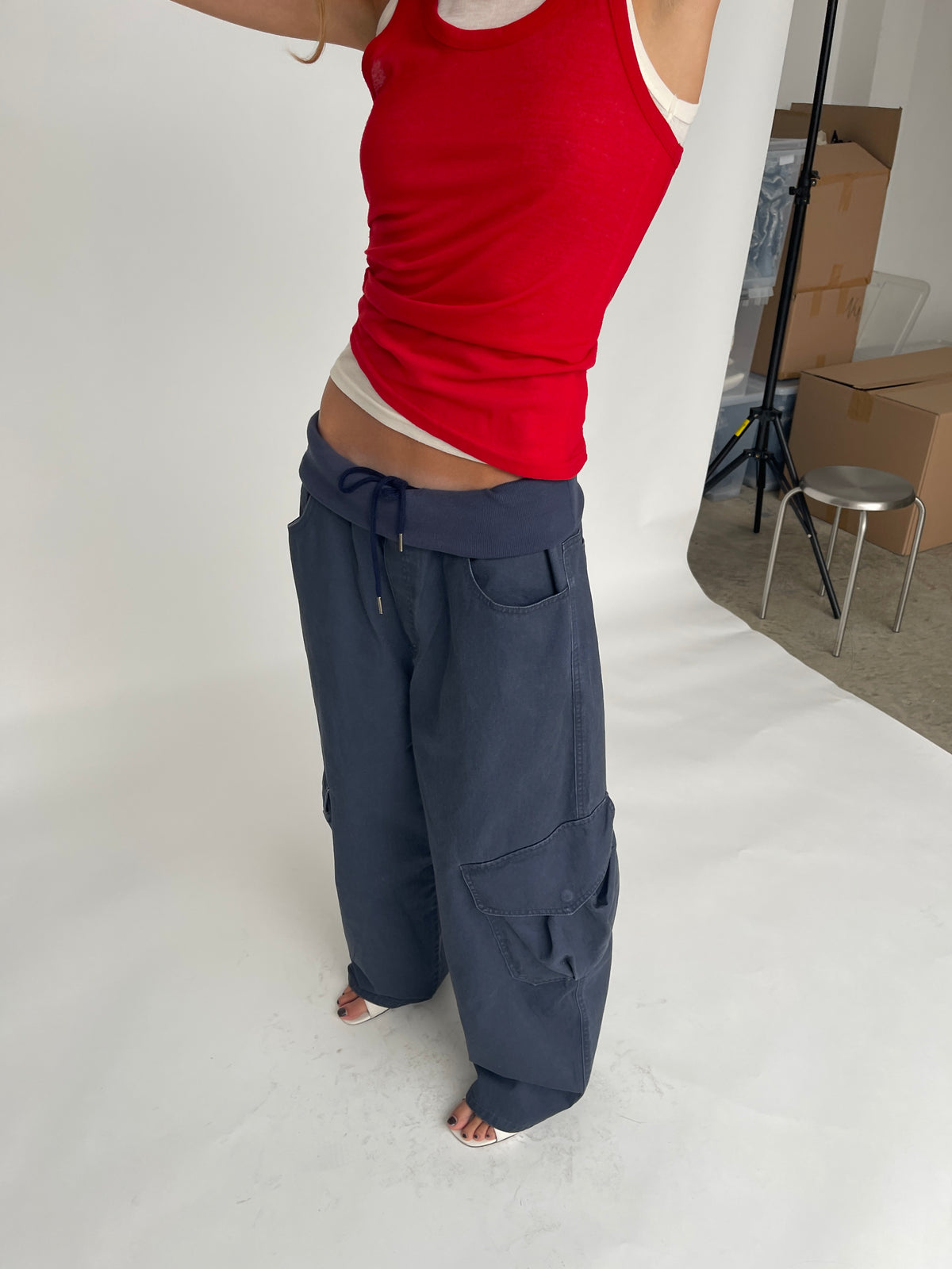 Baggy Fold Over Cargo Pants Navy