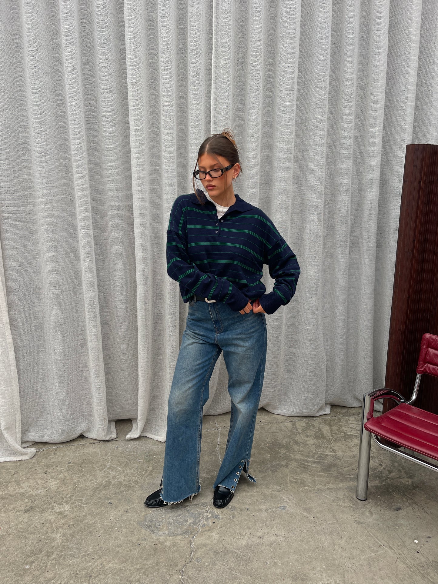 Loose Striped Polo Navy