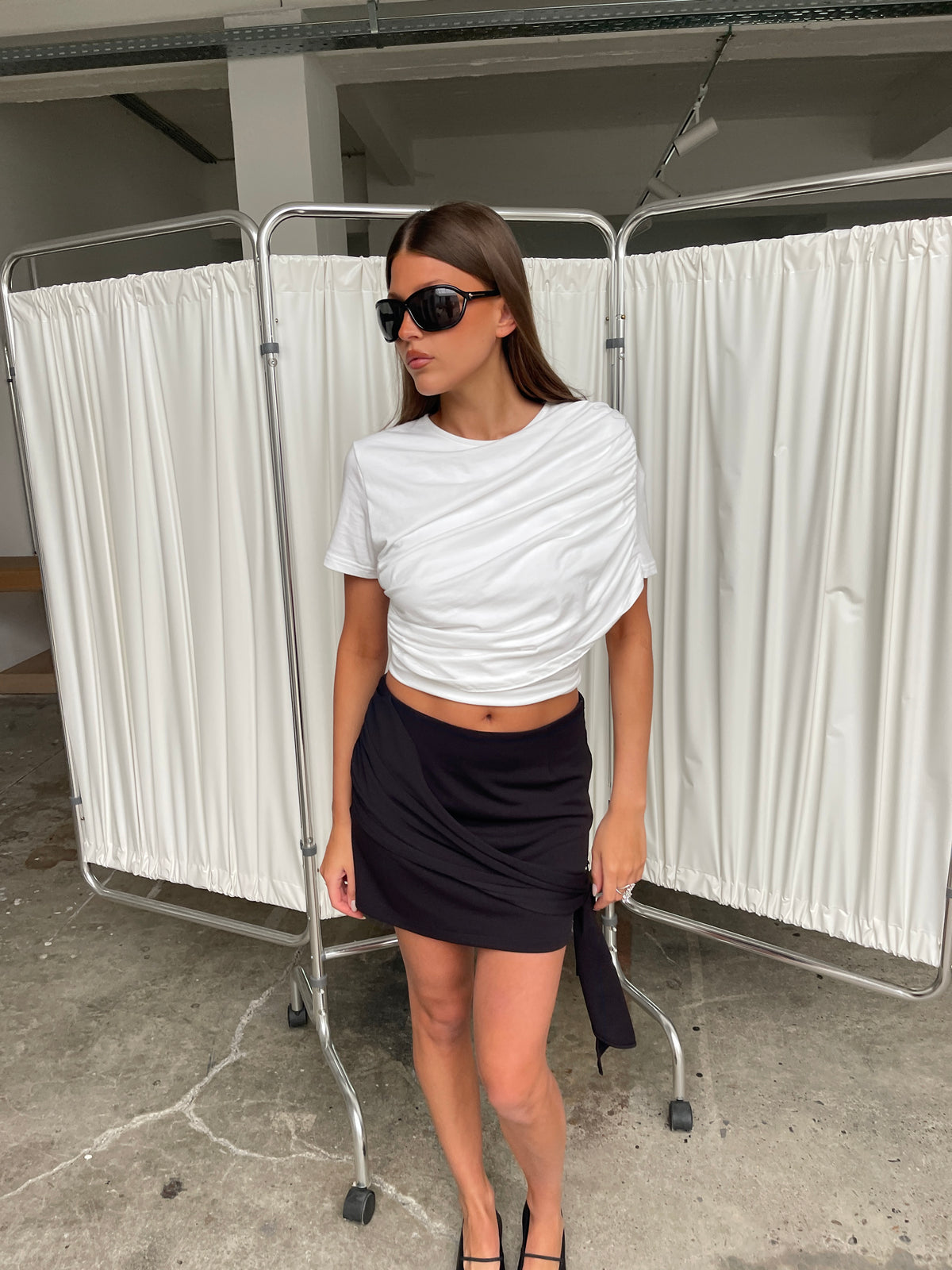 Draped Short Sleeve Top White