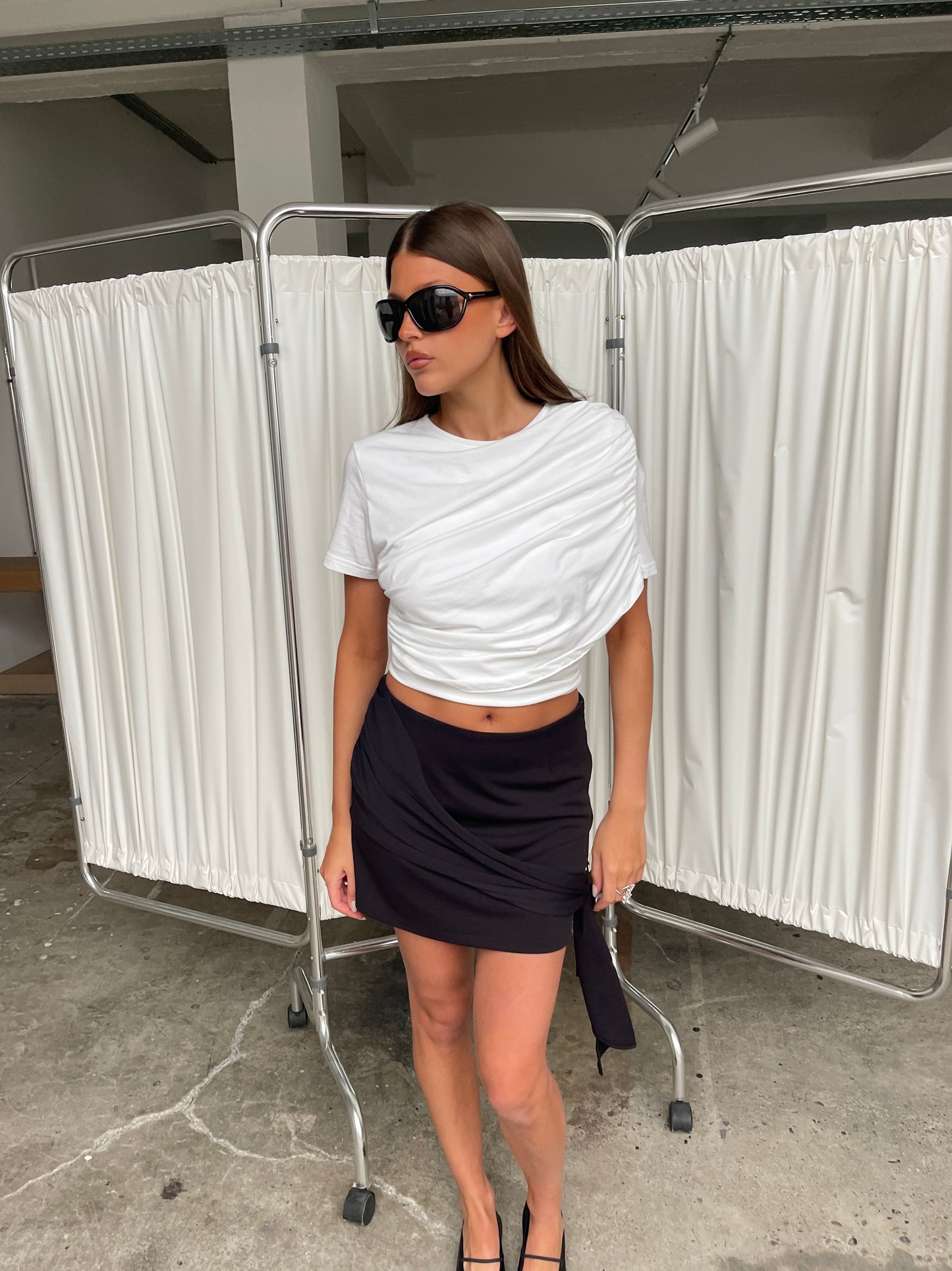 Draped Short Sleeve Top White