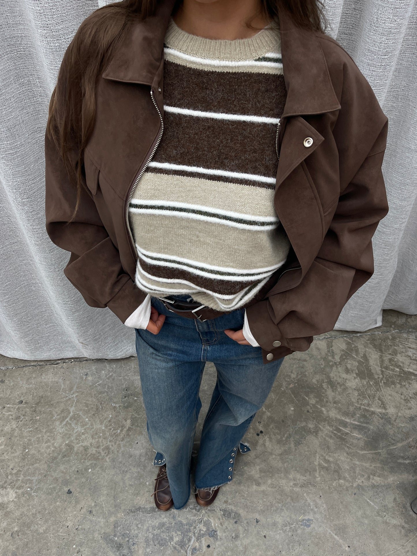 Two Coloured Striped Loose Knit Beige