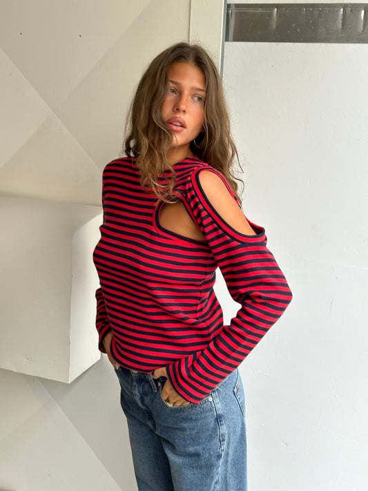 Cut Out Striped Long Sleeve Tee Red
