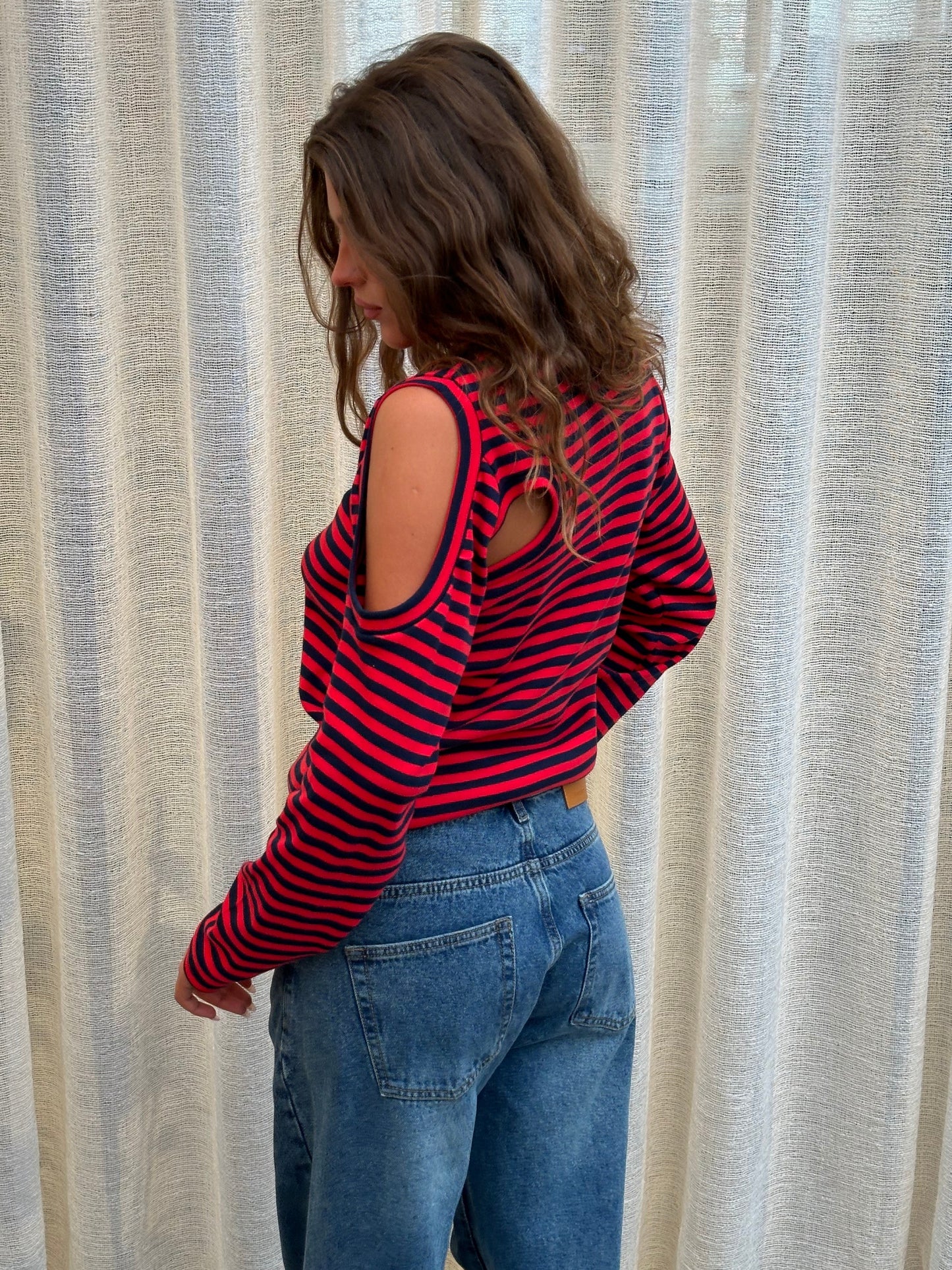 Cut Out Striped Long Sleeve Tee Red