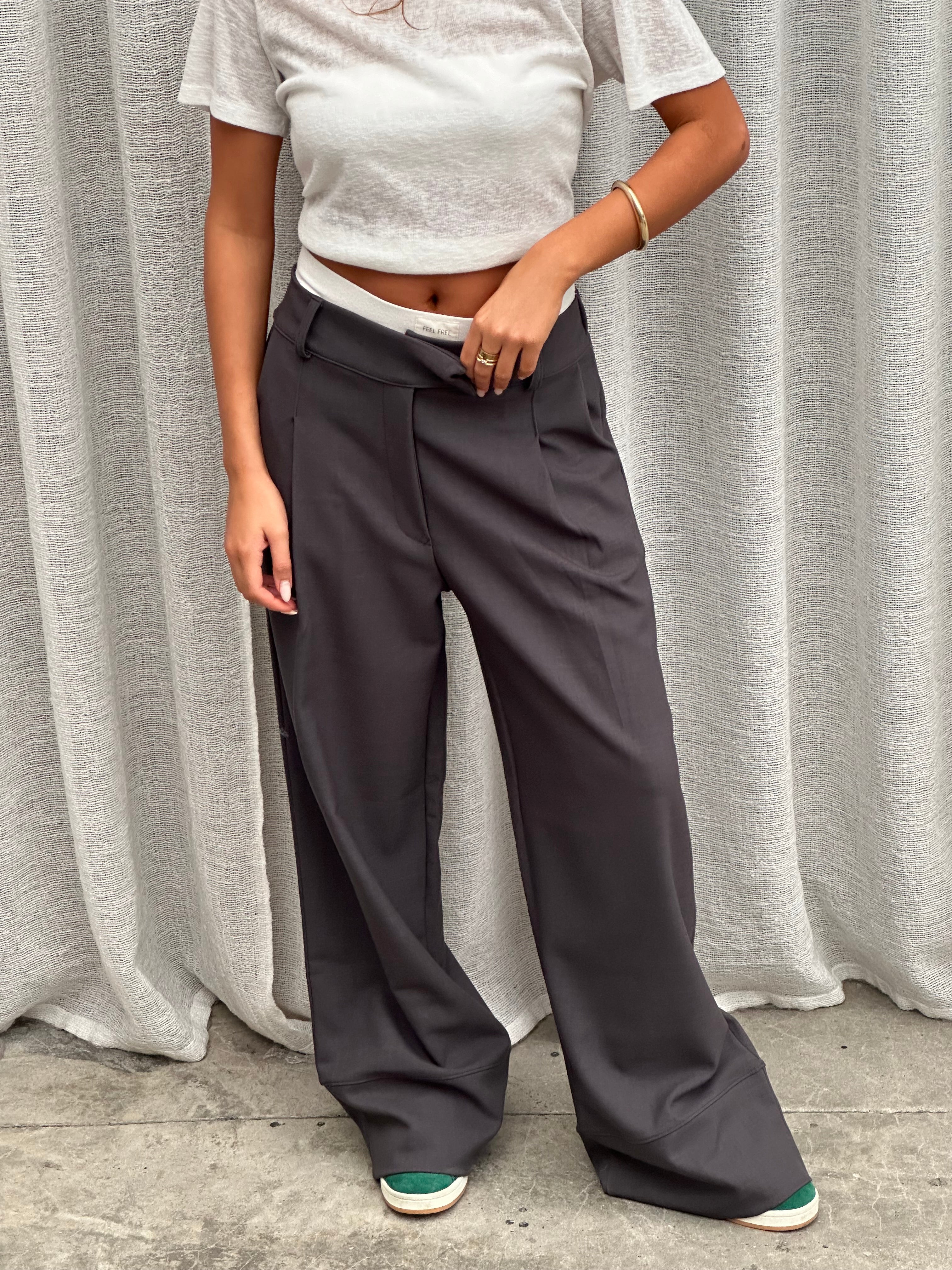 High Waisted Classic Front Pleated Pants Dark Grey