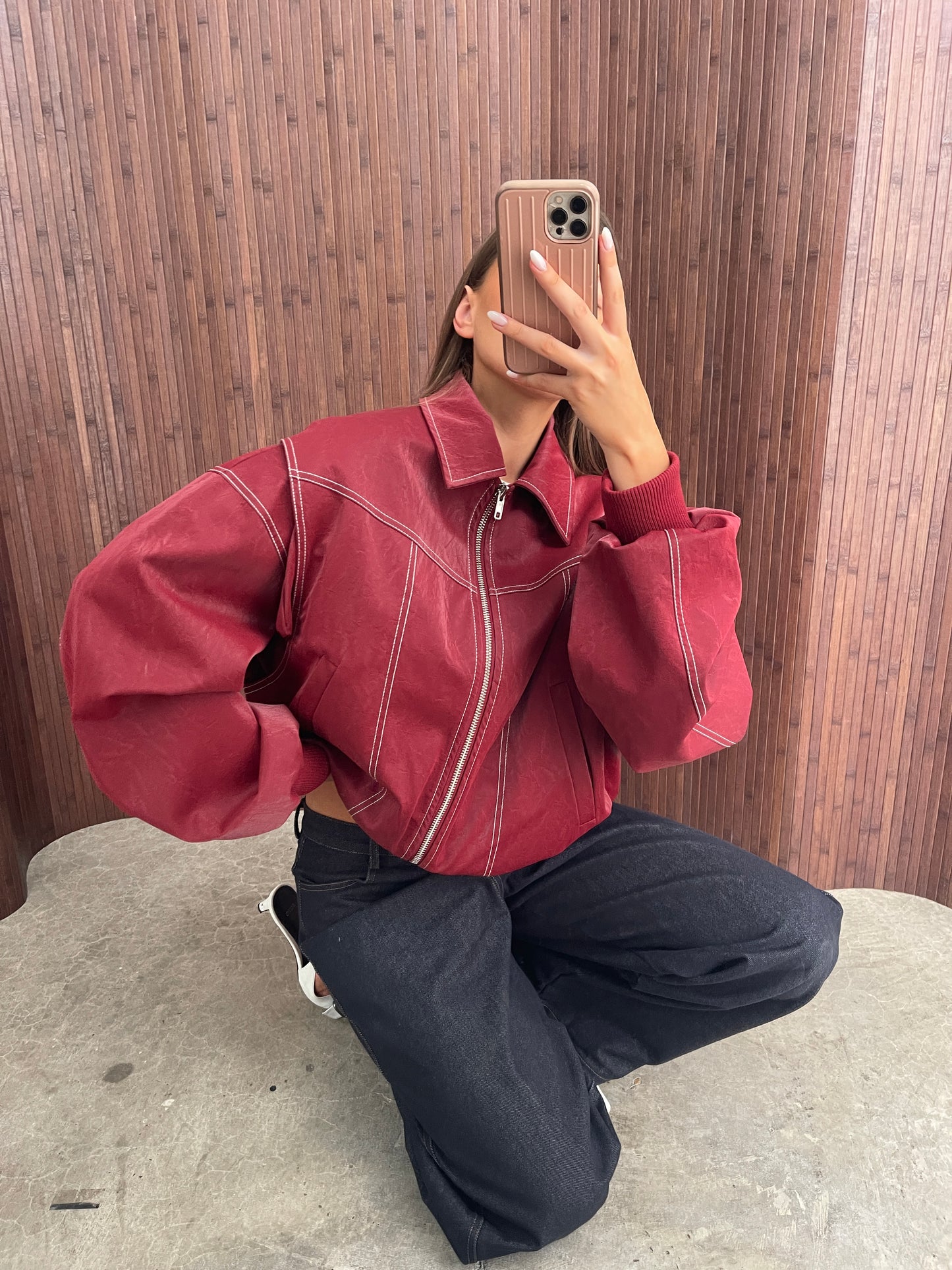 Oversized Contrast Stitch Jacket Red