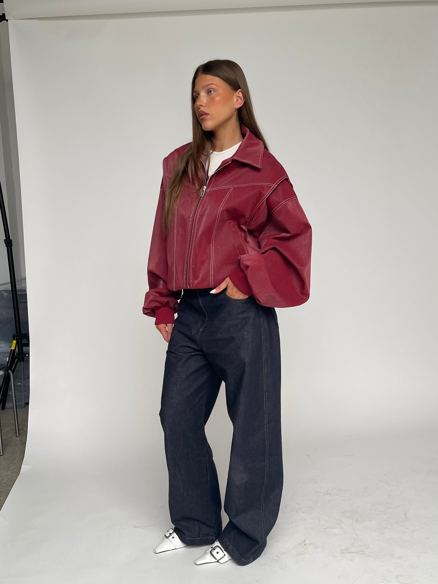Oversized Contrast Stitch Jacket Red