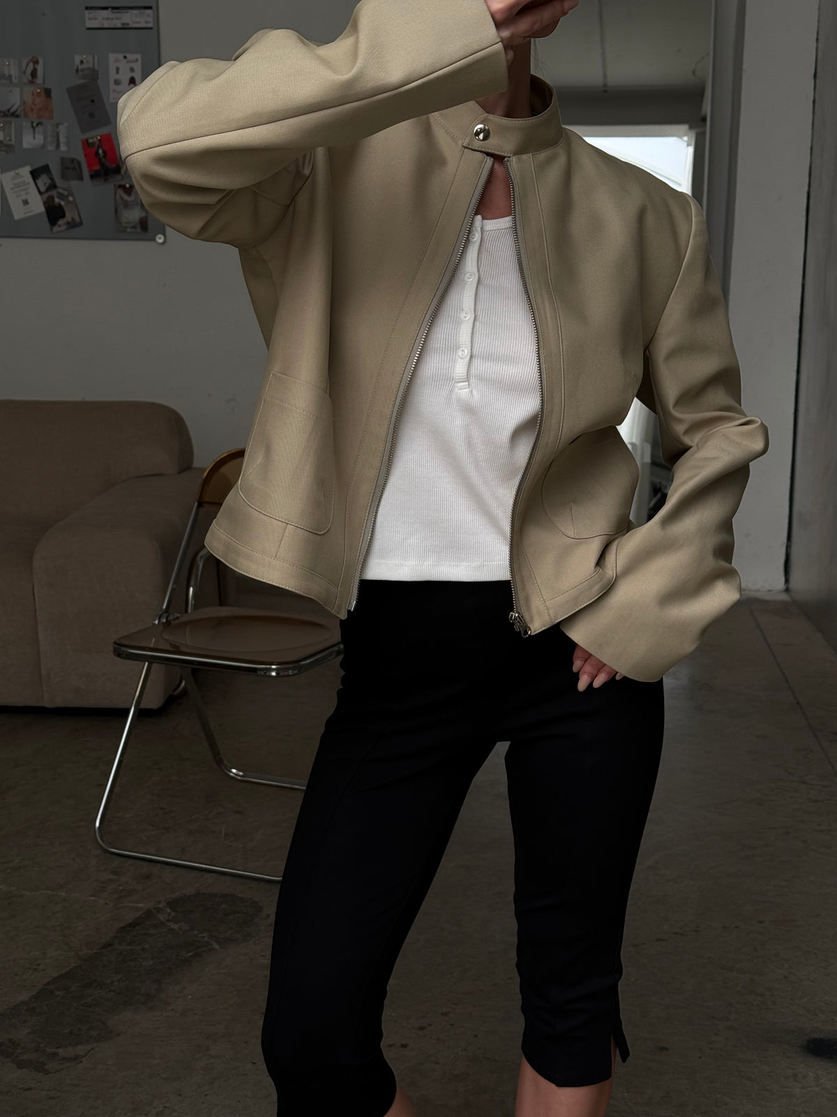 Padded High Neck Strap Detail Jacket Tan