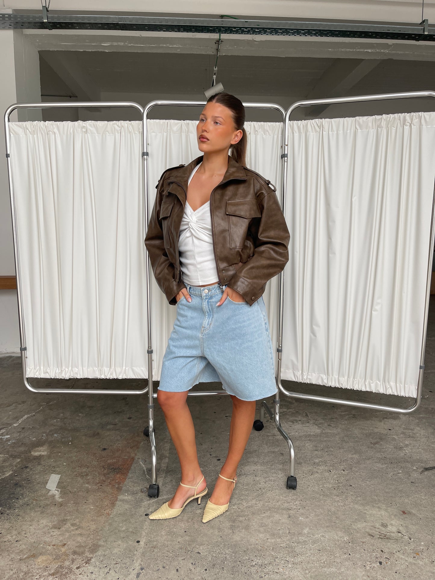 Cropped Front Pocket Detail Jacket Brown