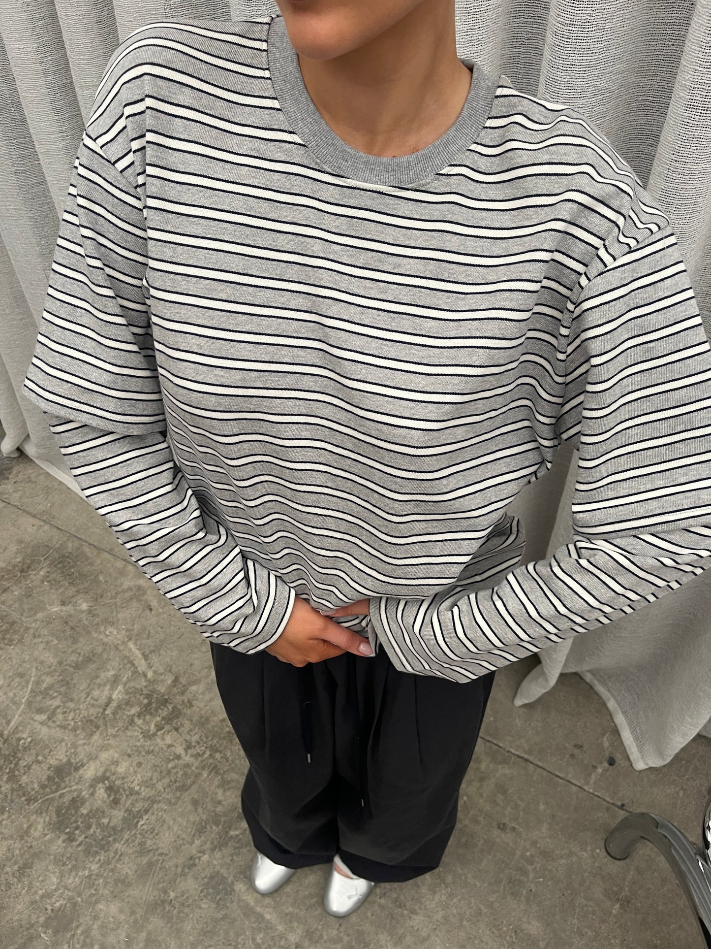Striped Double Sleeve Tee Grey