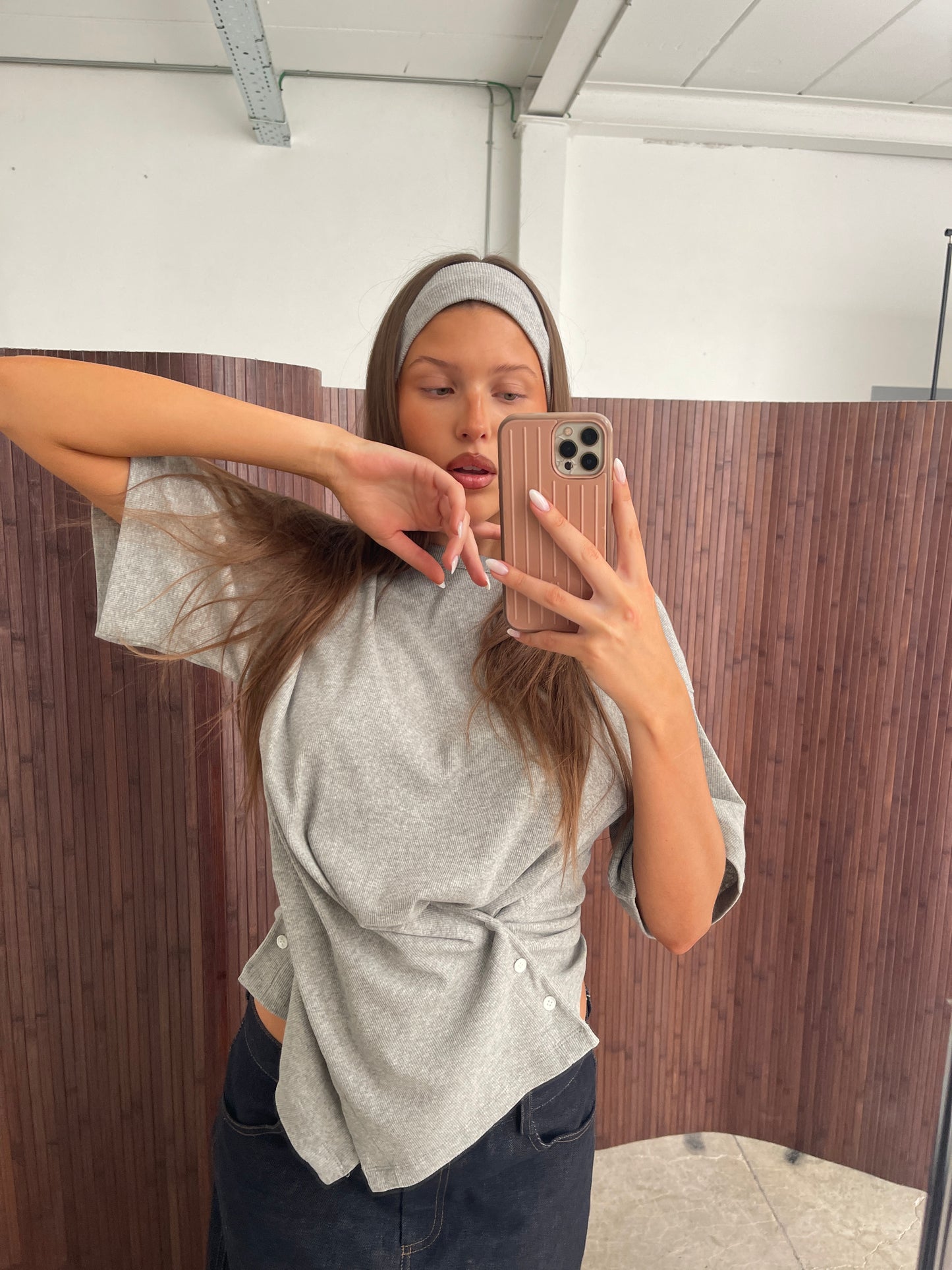 Ribbed Cinched Button Top Grey