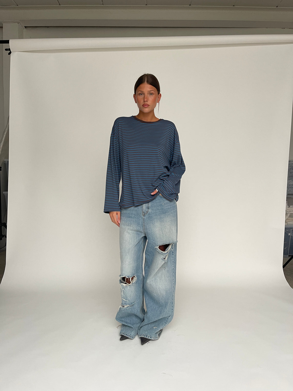 Oversized Striped Open Back Longsleeve Tee Blue