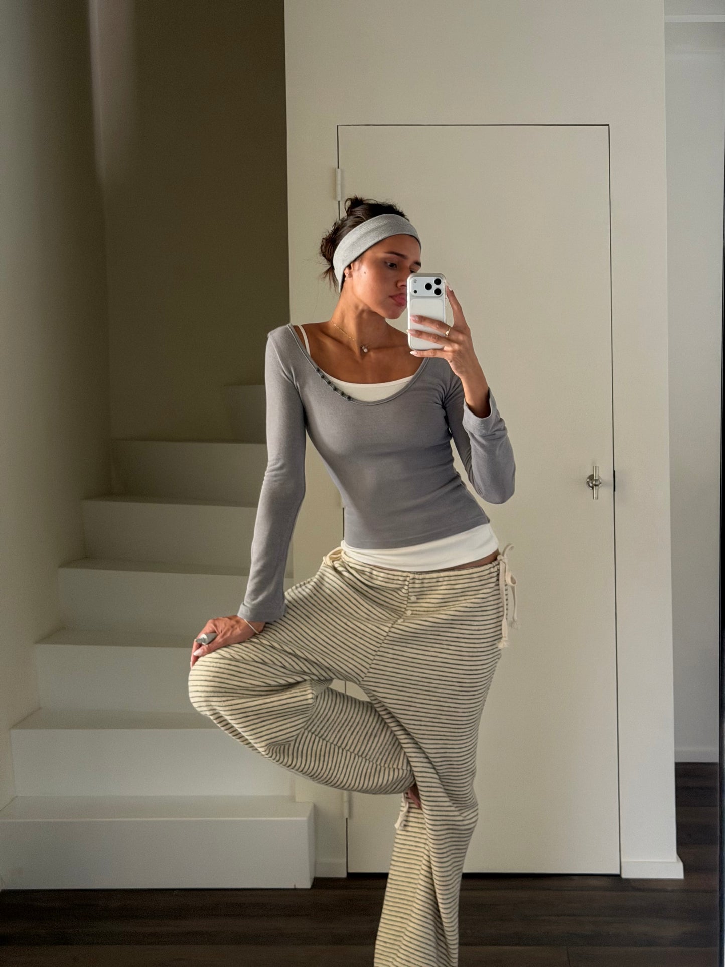 Soft Striped Drawstring Lounge Pants Ivory
