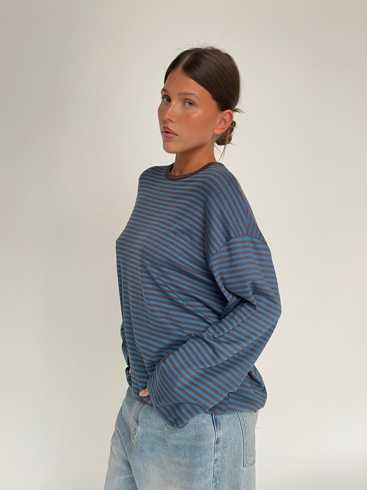 Oversized Striped Open Back Longsleeve Tee Blue