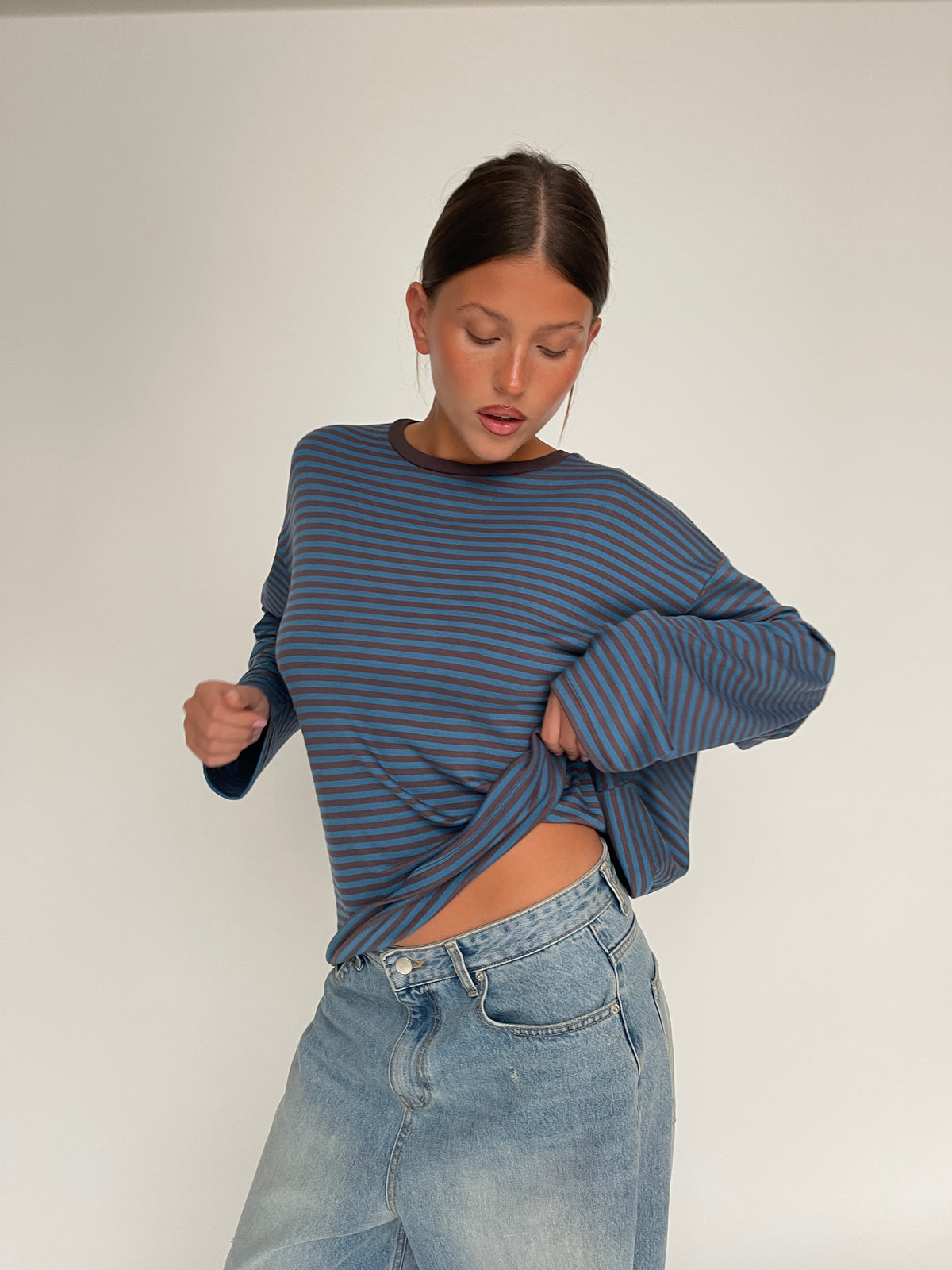 Oversized Striped Open Back Longsleeve Tee Blue