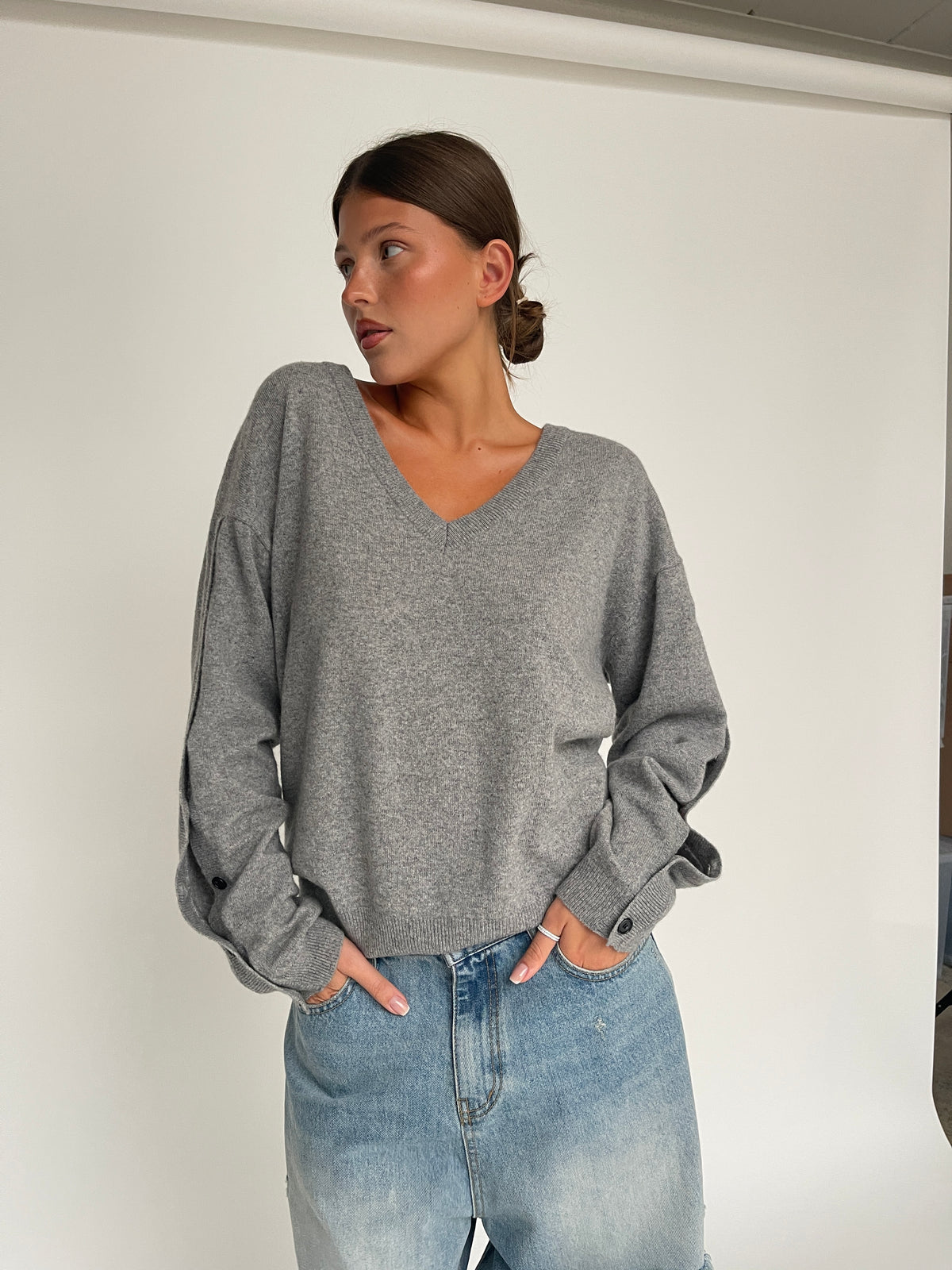 Buttoned Detail V-Neck Knit Sweater Grey