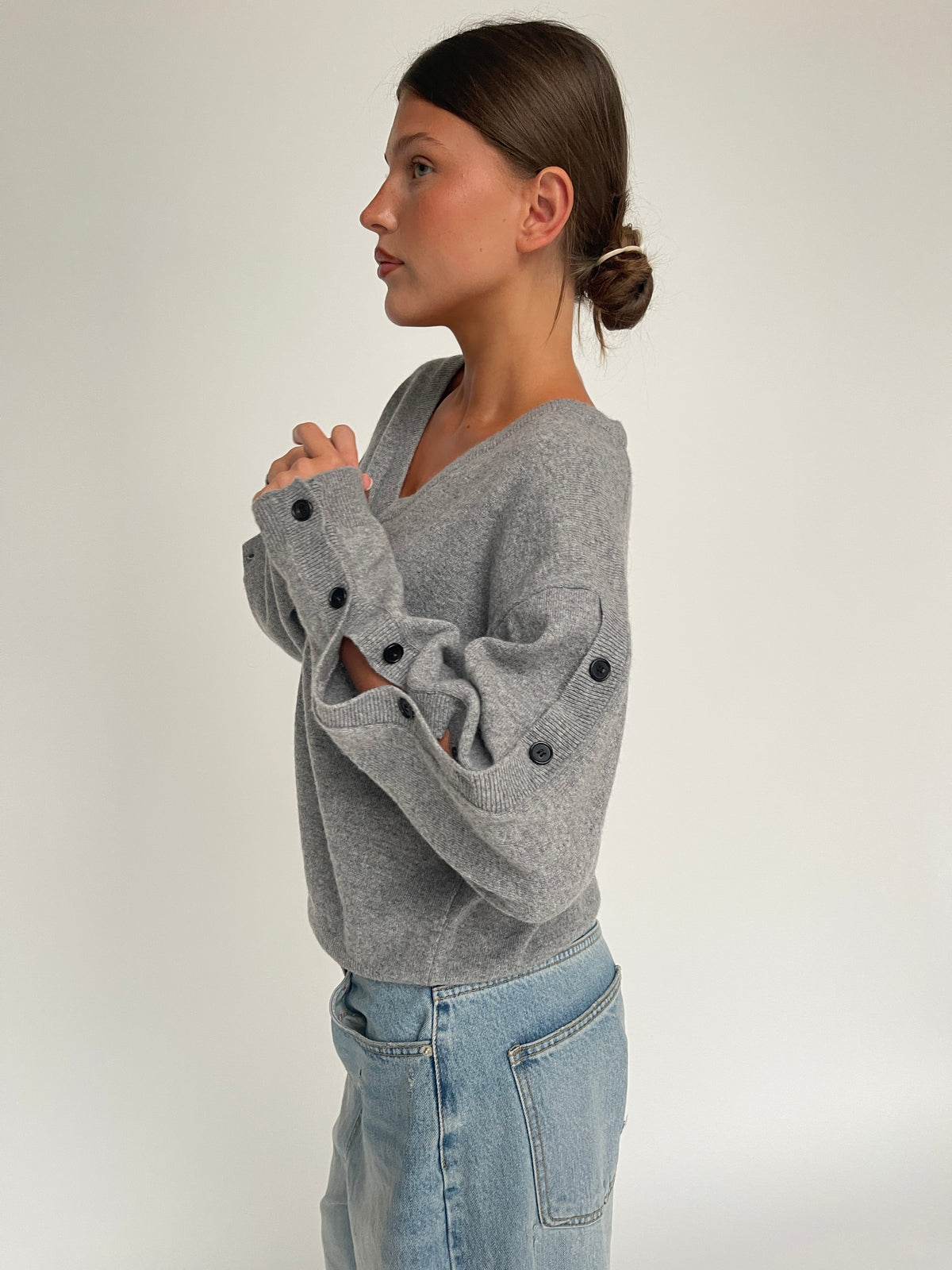 Buttoned Detail V-Neck Knit Sweater Grey