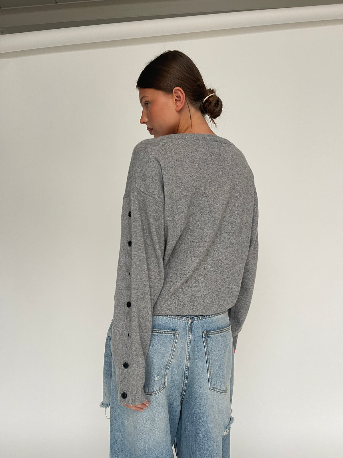 Buttoned Detail V-Neck Knit Sweater Grey