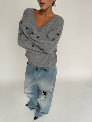 Buttoned Detail V-Neck Knit Sweater Grey