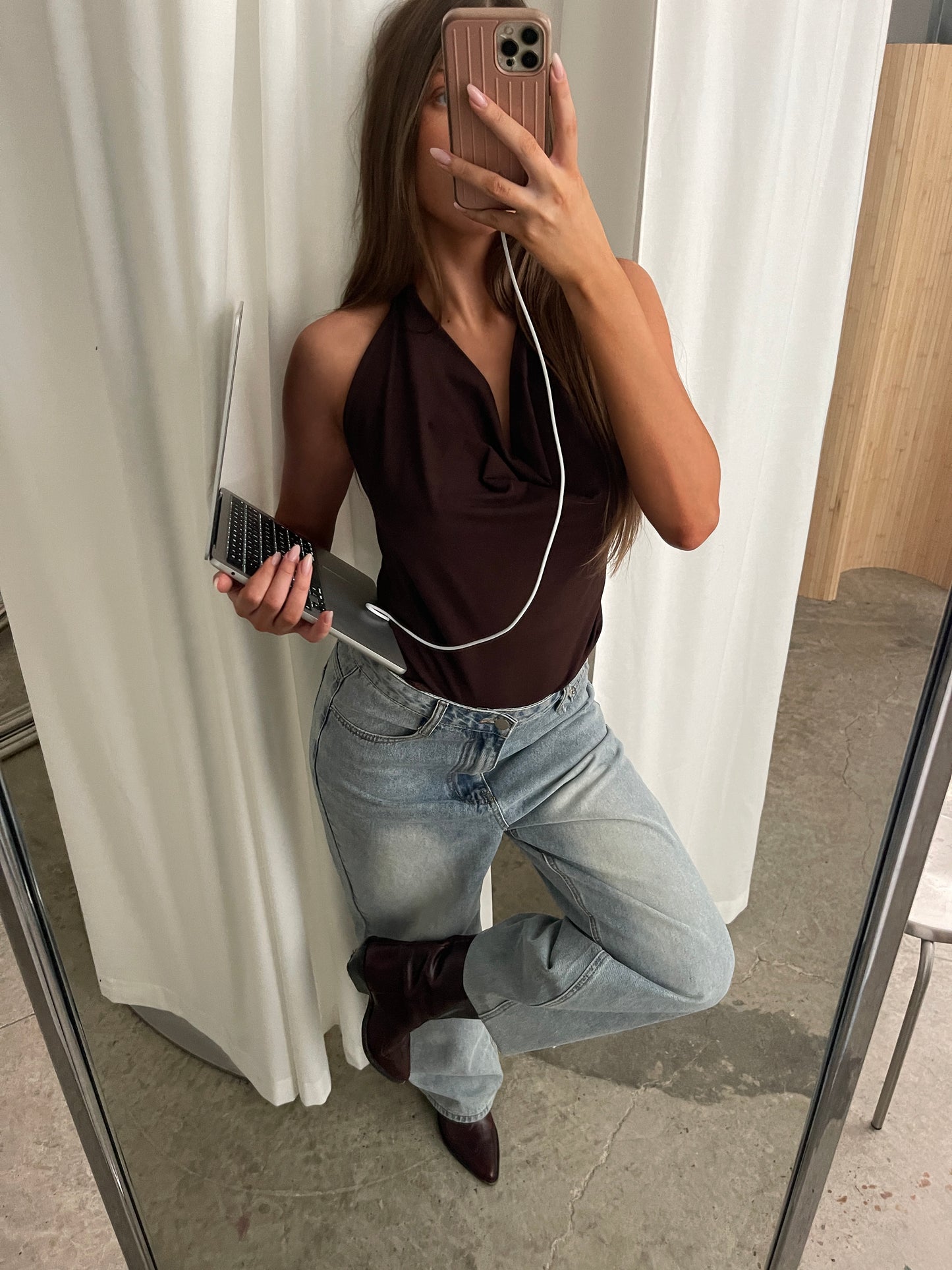 Tie Back Halter Neck Top Brown