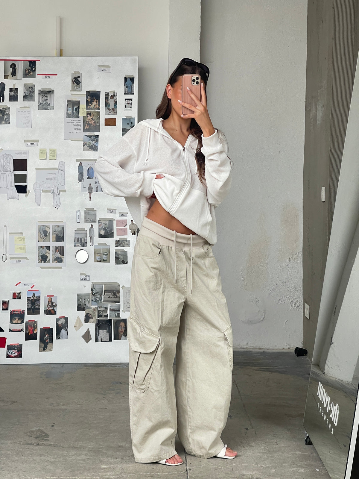 Oversized Waffle Knit Zip Hoodie White