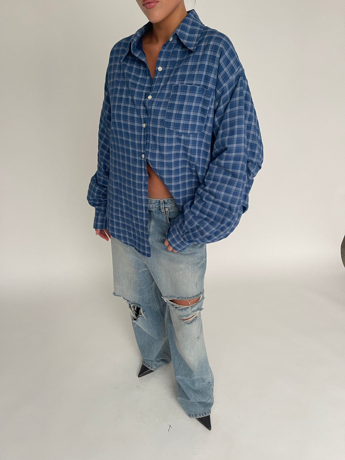 Oversized Checked Padded Shirt Blue *pre-order*