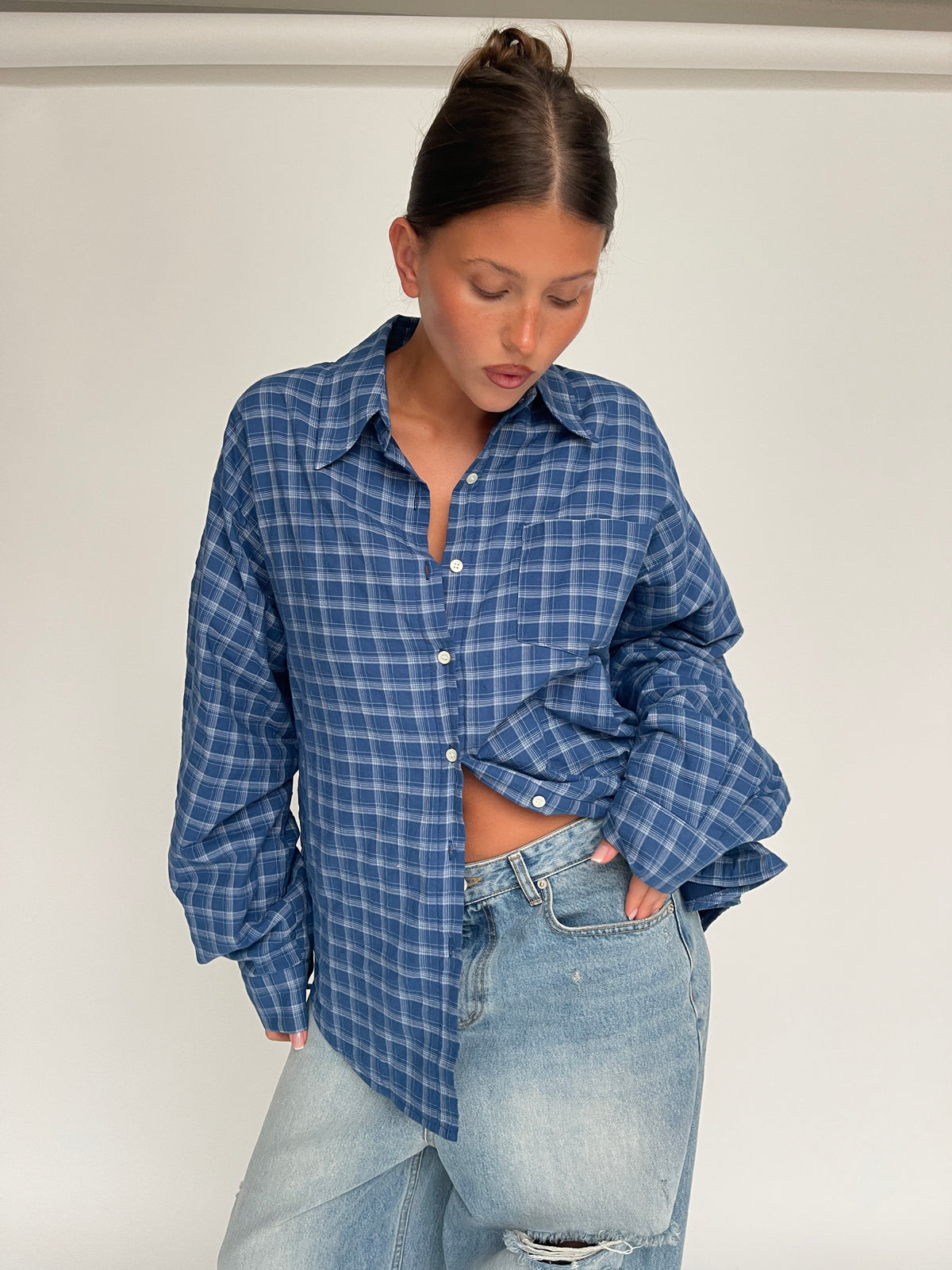 Oversized Checked Padded Shirt Blue *pre-order*