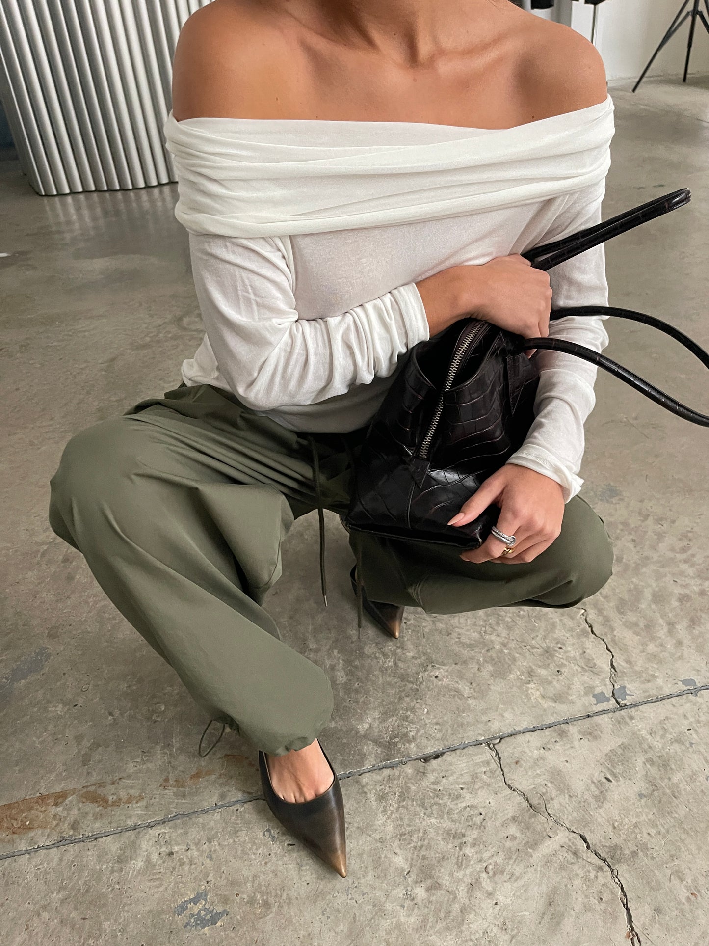 Semi Sheer Off Shoulder Long Sleeve Top White