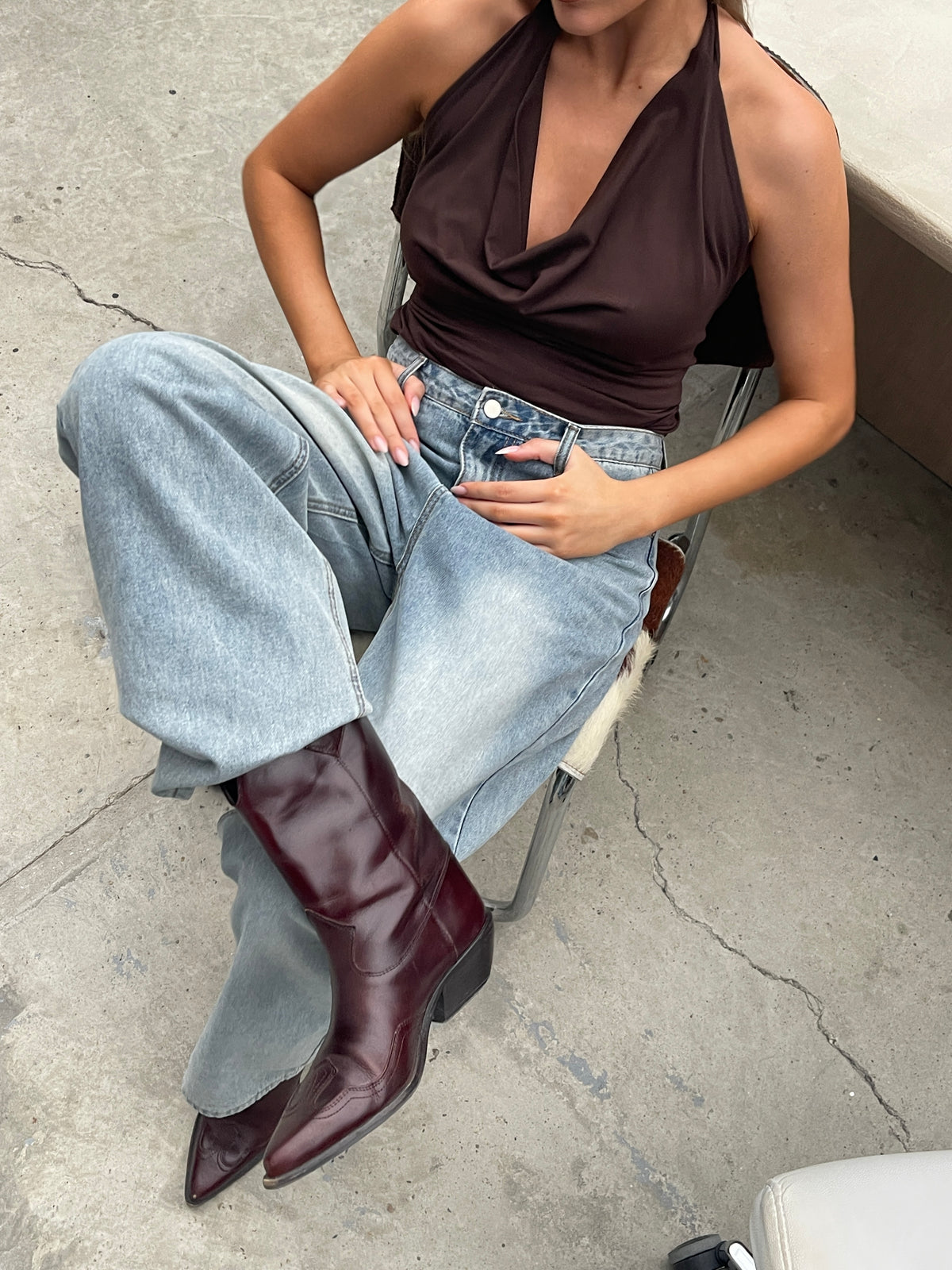 Tie Back Halter Neck Top Brown