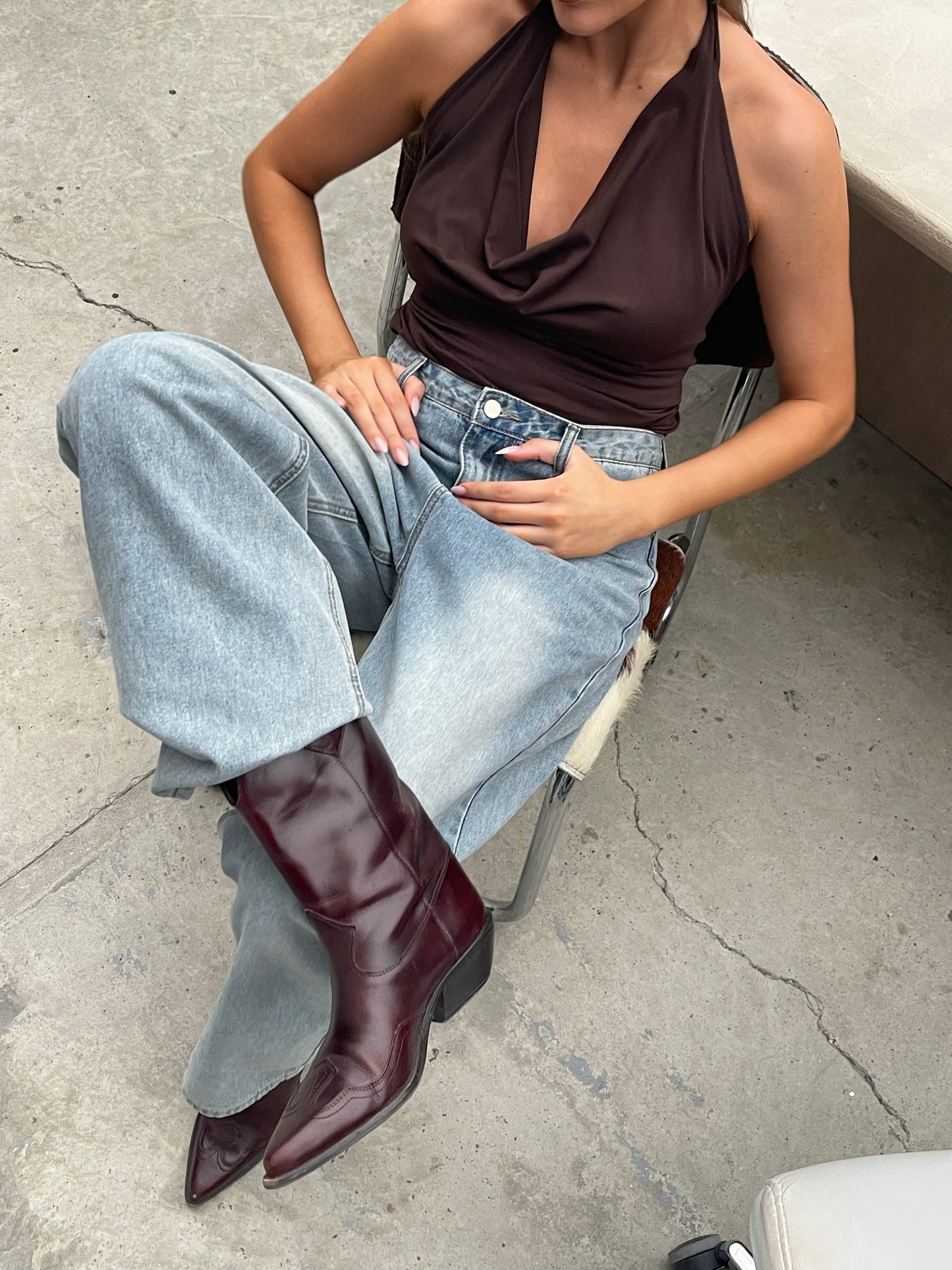 Tie Back Halter Neck Top Brown