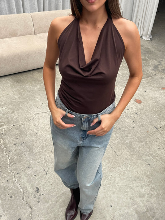 Tie Back Halter Neck Top Brown