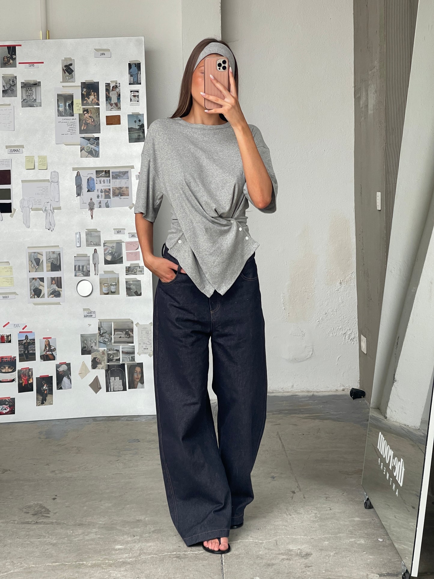 Ribbed Cinched Button Top Grey