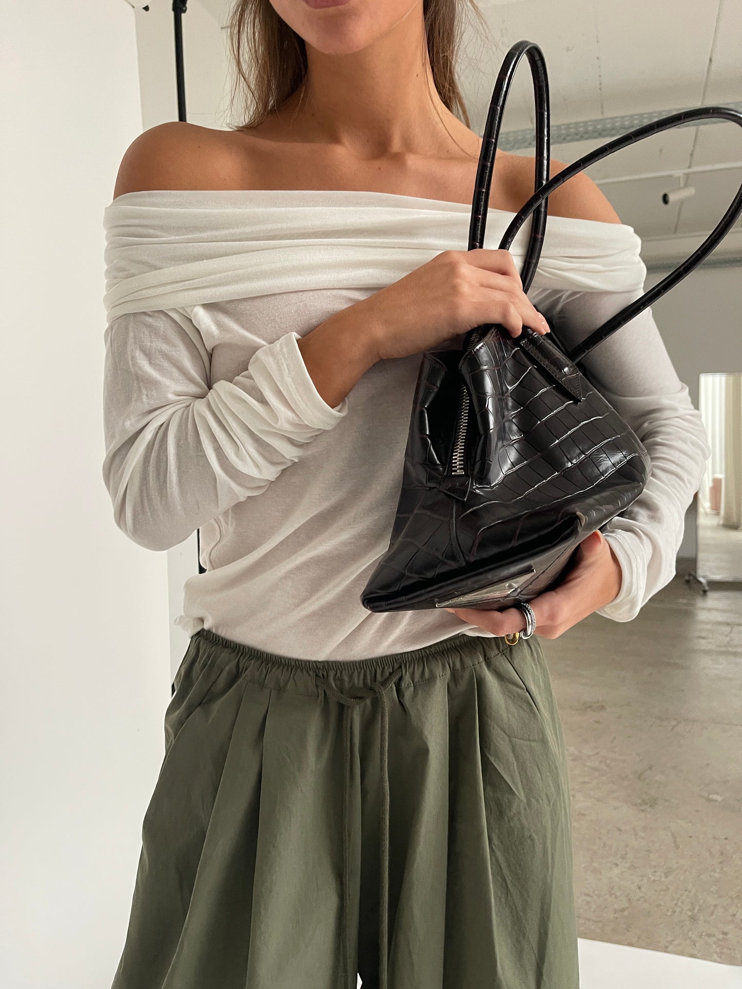 Semi Sheer Off Shoulder Long Sleeve Top White