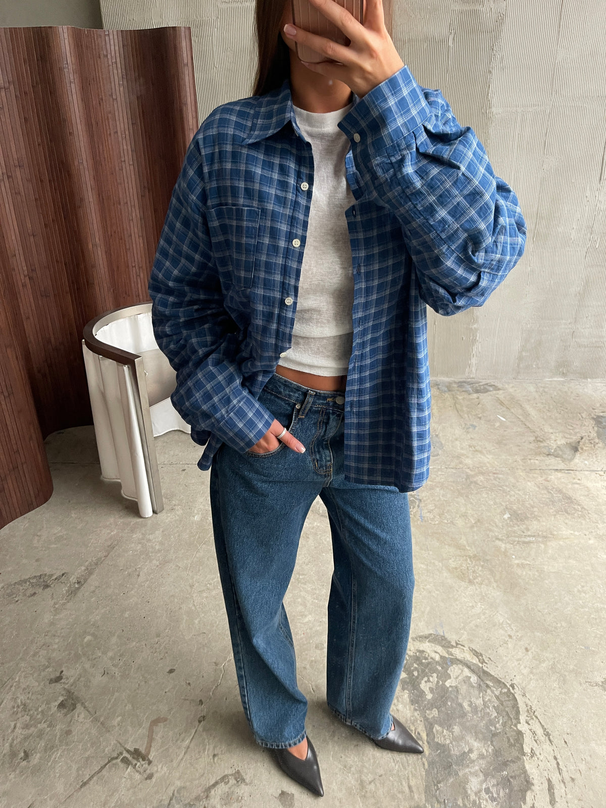 Oversized Checked Padded Shirt Blue *pre-order*