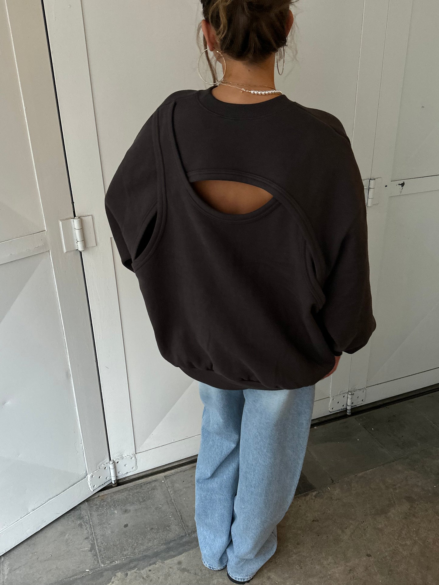 Open Back Overlay Fleeced Sweater Charcoal