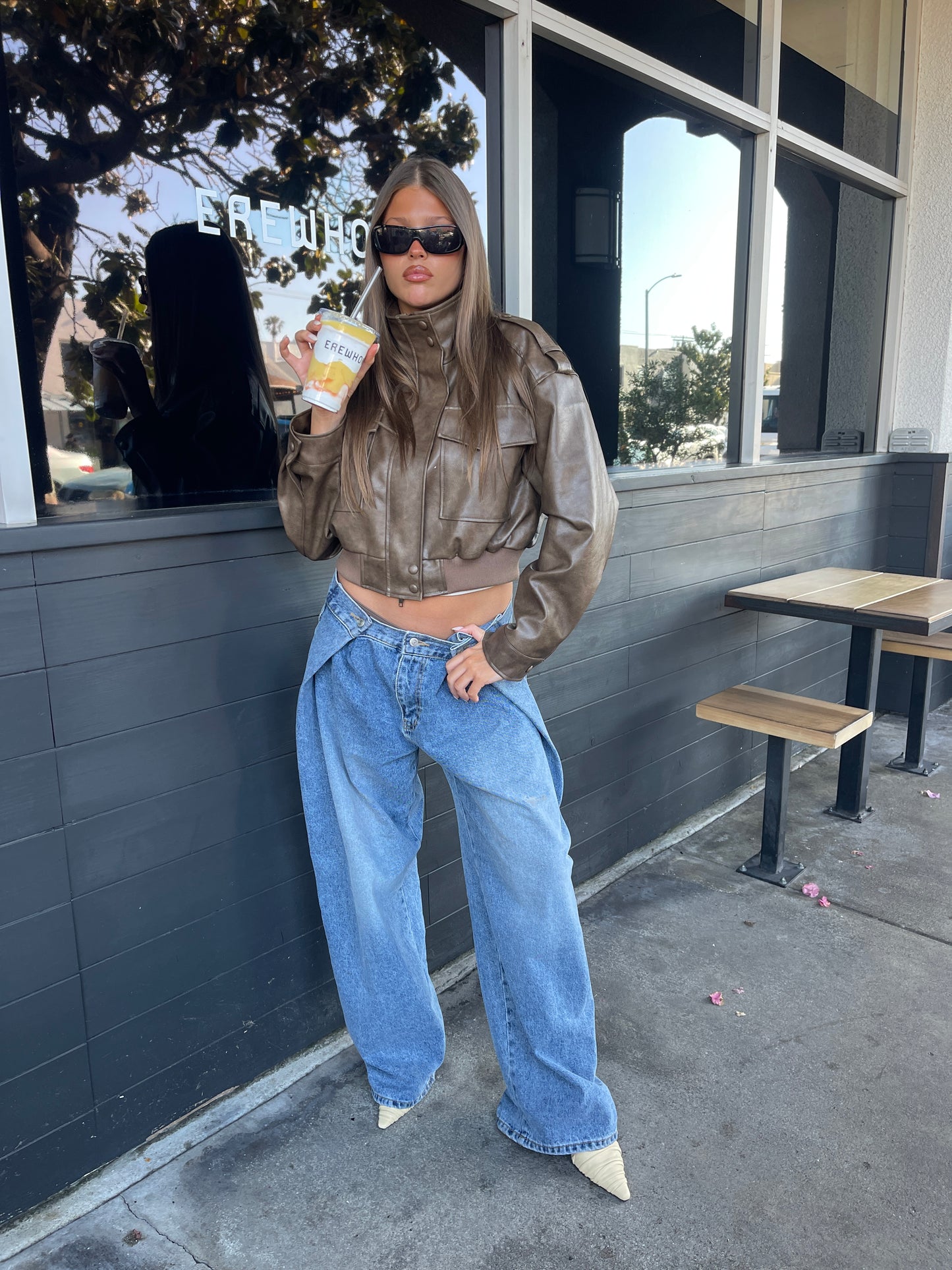 Folded Buttoned Baggy Jeans Blue