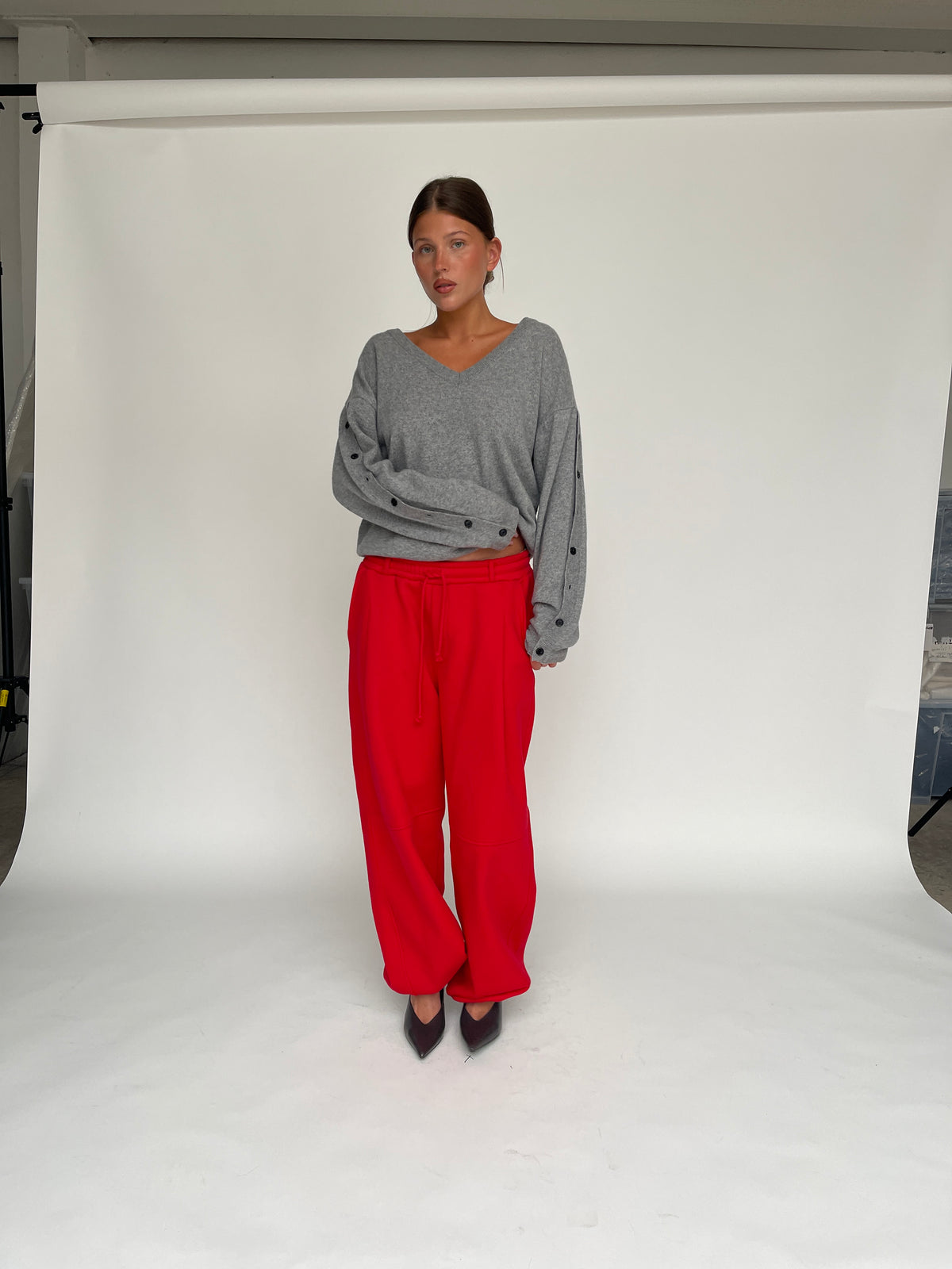 Buttoned Detail V-Neck Knit Sweater Grey