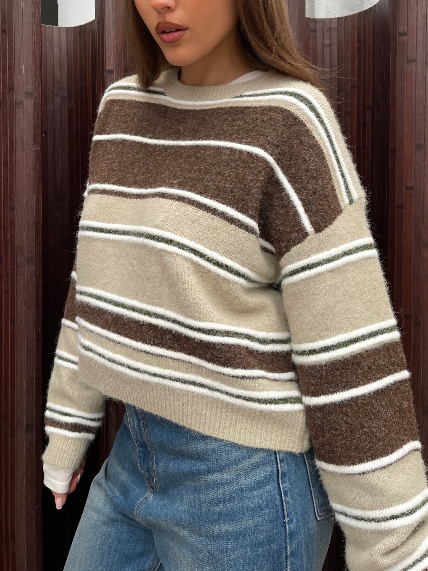 Two Coloured Striped Loose Knit Beige