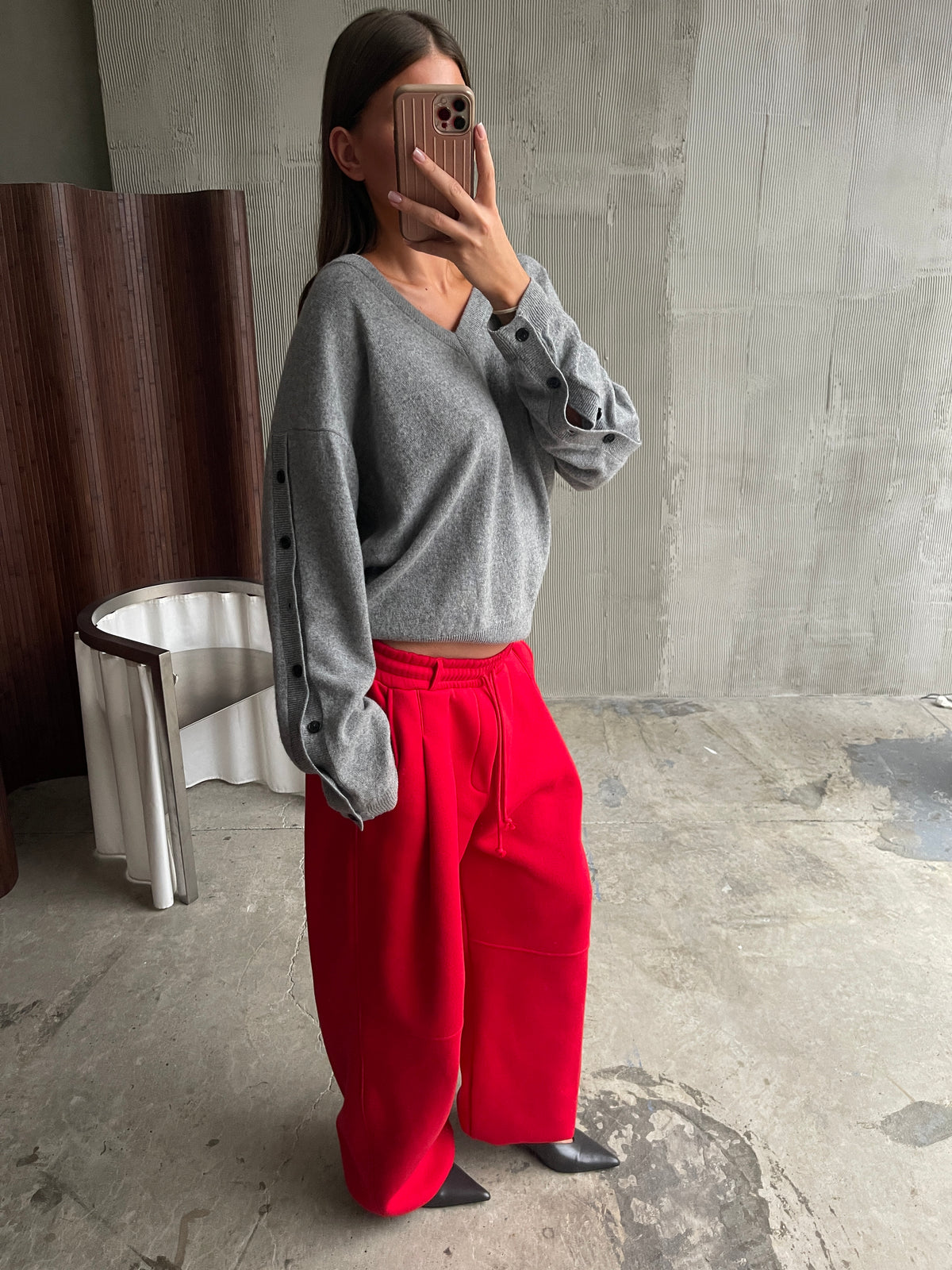 Buttoned Detail V-Neck Knit Sweater Grey