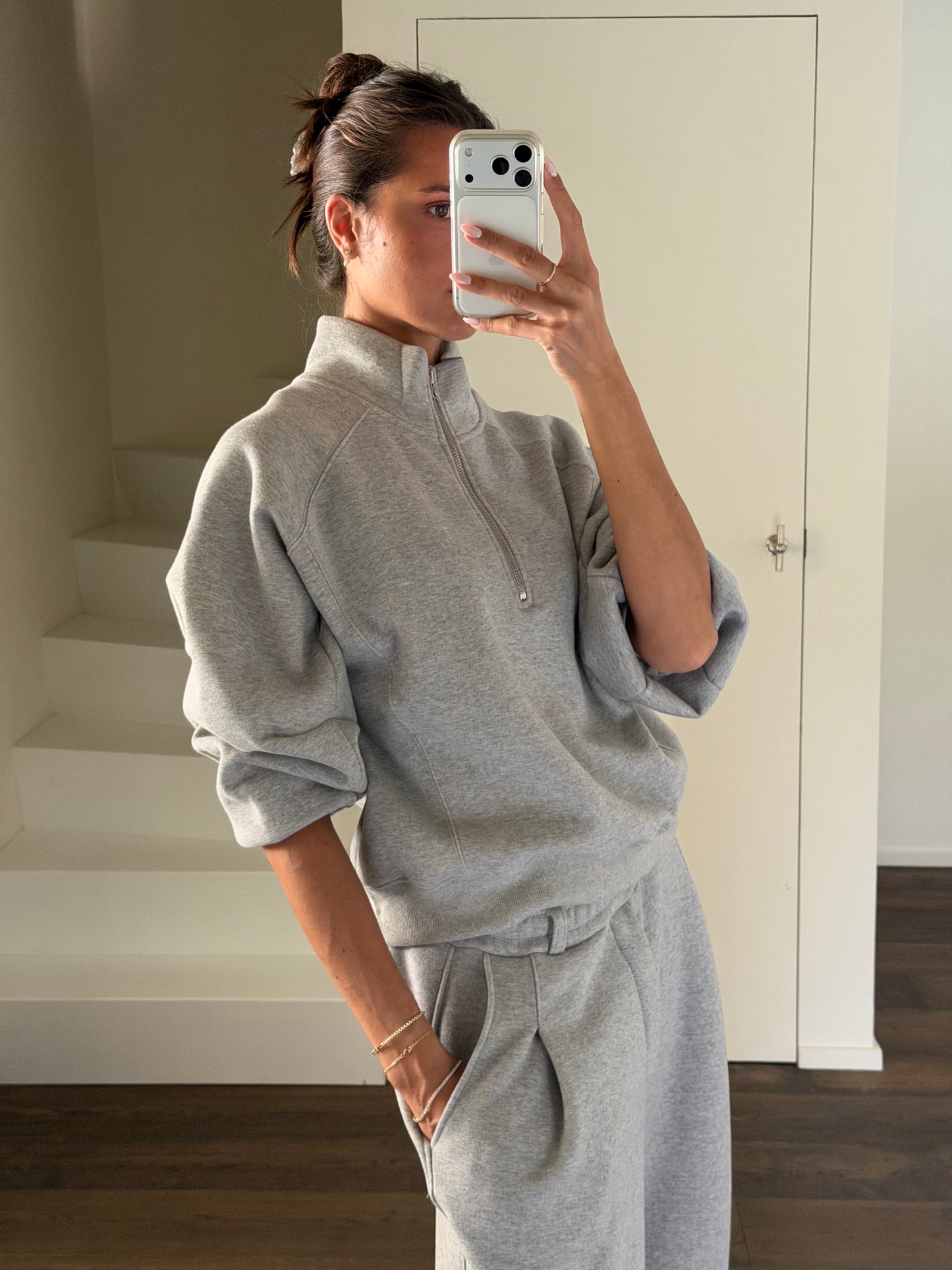 Fleeced Half Zip-Up Sweatshirt Grey
