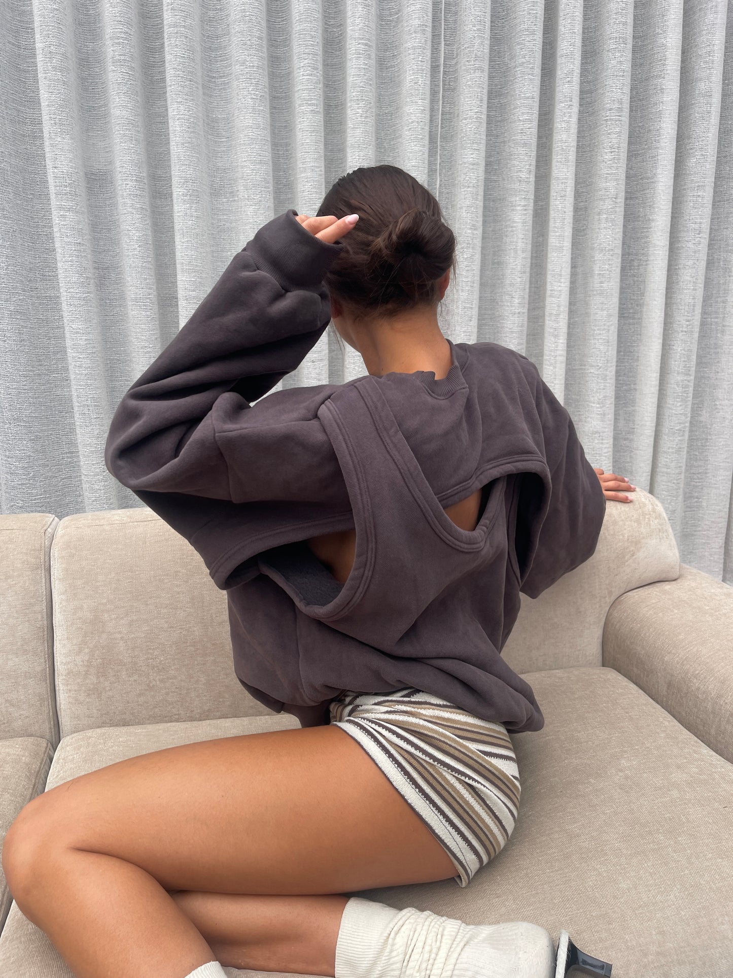 Open Back Overlay Fleeced Sweater Charcoal