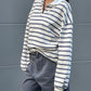 Striped Contrast Collar Polo Sweater Ivory