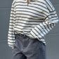 Striped Contrast Collar Polo Sweater Ivory